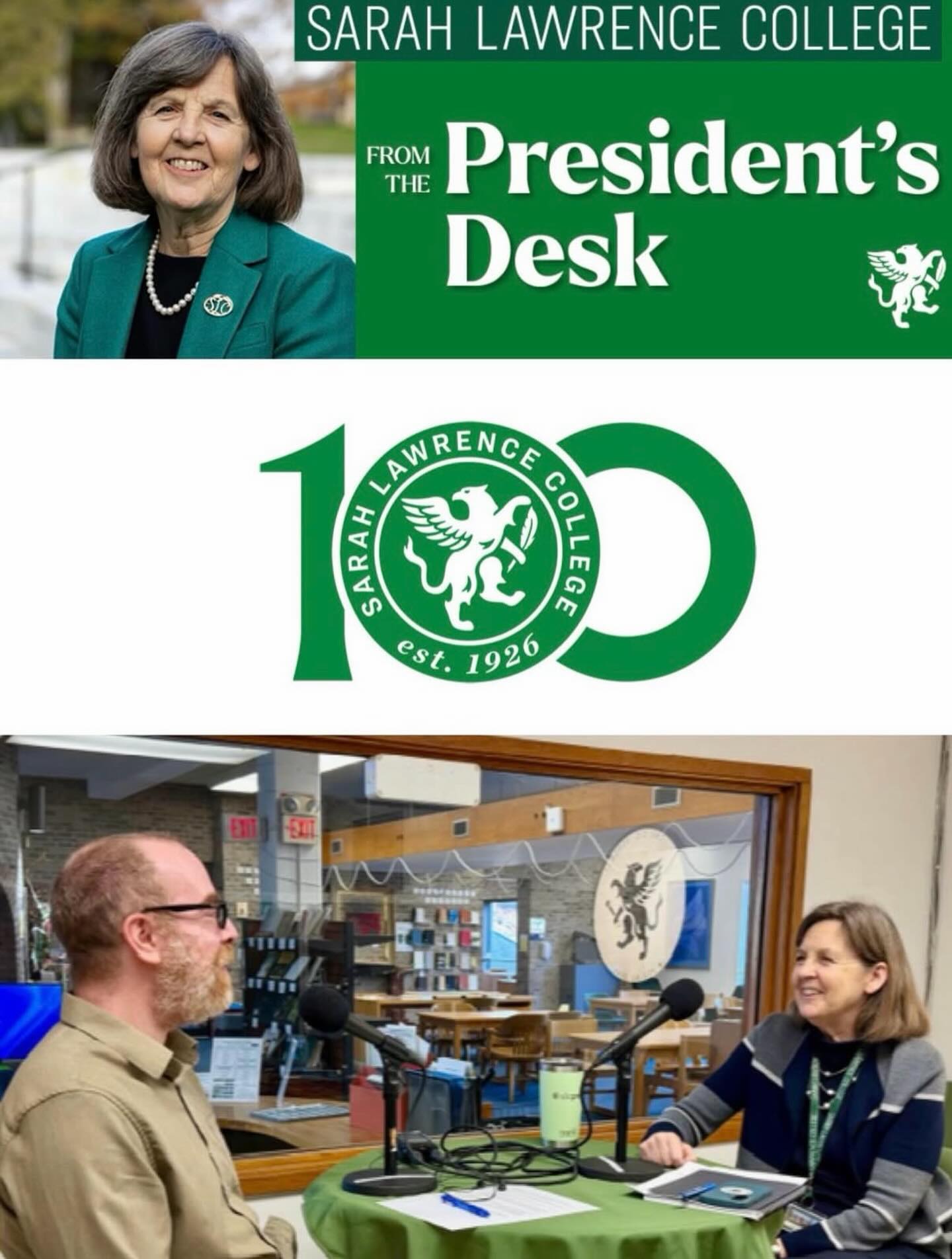 Sarah Lawrence College collage with a person in a green blazer, centennial logo, and two people talking at a table with microphones.