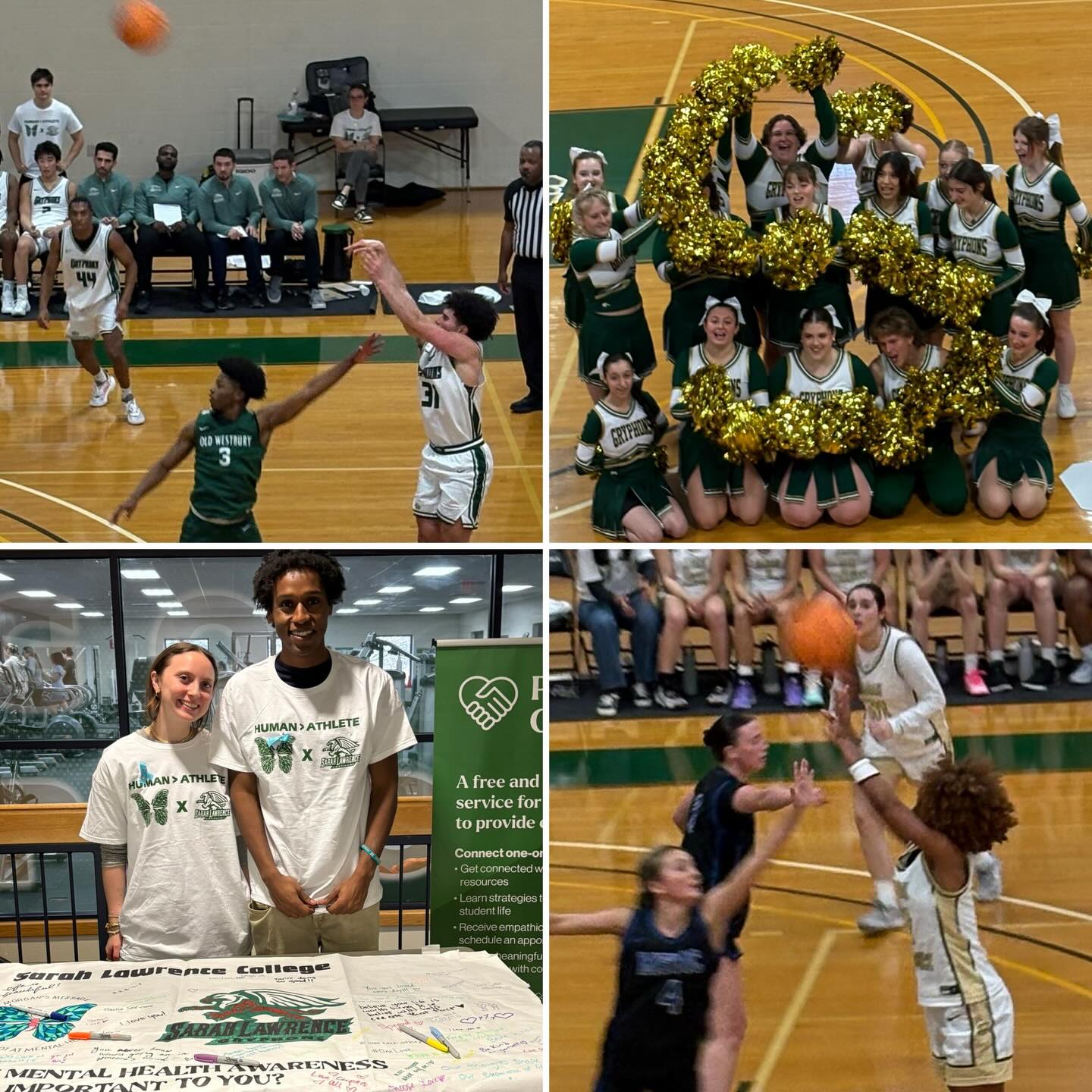 Basketball game with teams playing and cheerleaders forming a "C," plus a table promoting mental health awareness.