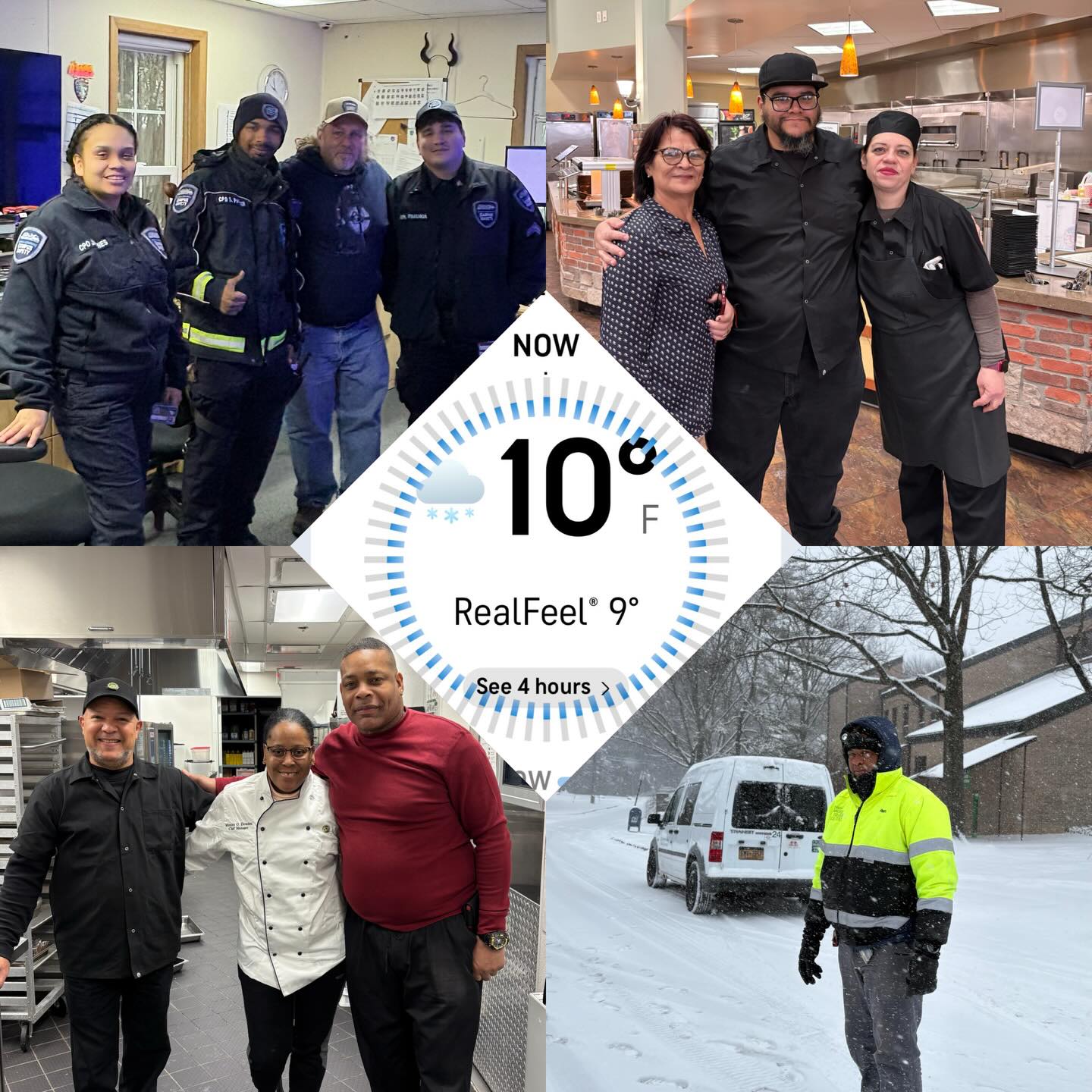 Collage of people at work in winter clothing with a temperature reading of 10°F and snowy street with a van.