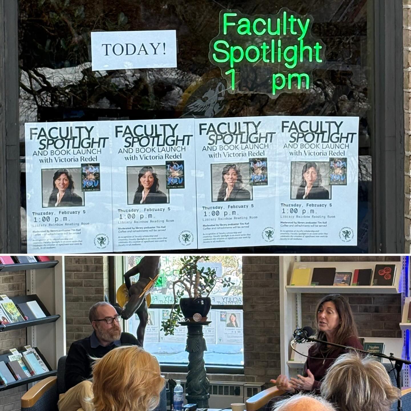 "Faculty Spotlight" signs on a window. Below, two people speak in a library setting, surrounded by bookshelves and a small audience.