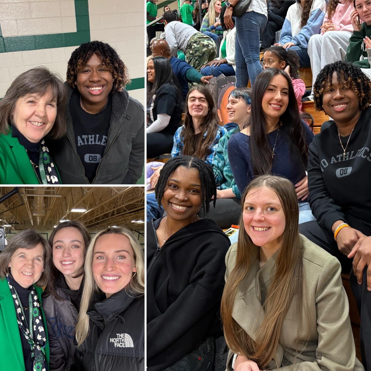 Smiling people posing in a school gymnasium, wearing casual clothing. Bleachers are visible with additional people in the background.