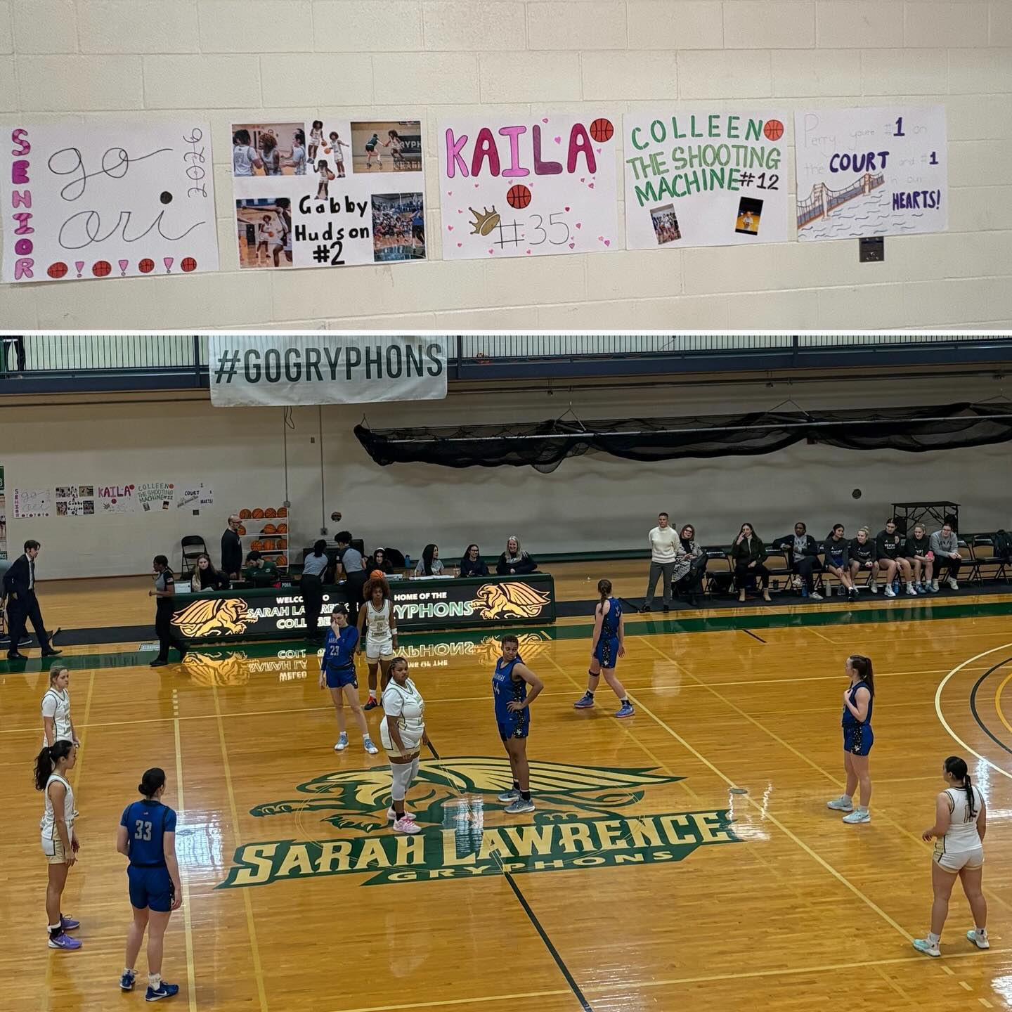 Basketball game tip-off at Sarah Lawrence College gym, players in white and blue jerseys, banners and audience visible in background.