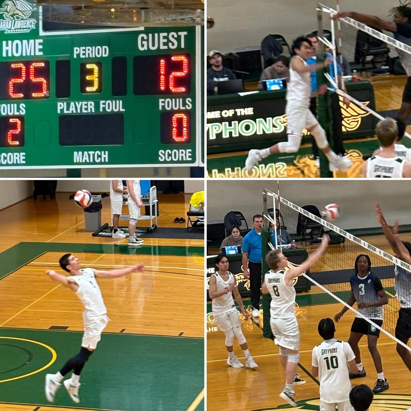 A volleyball match with a scoreboard showing 25-12, players in action spiking and serving the ball on a court.