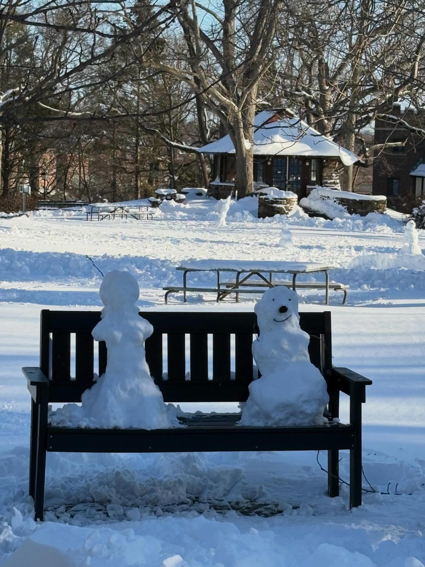 Two small snow sculptures sit on a bench in a snowy park, with trees and a building in the background.