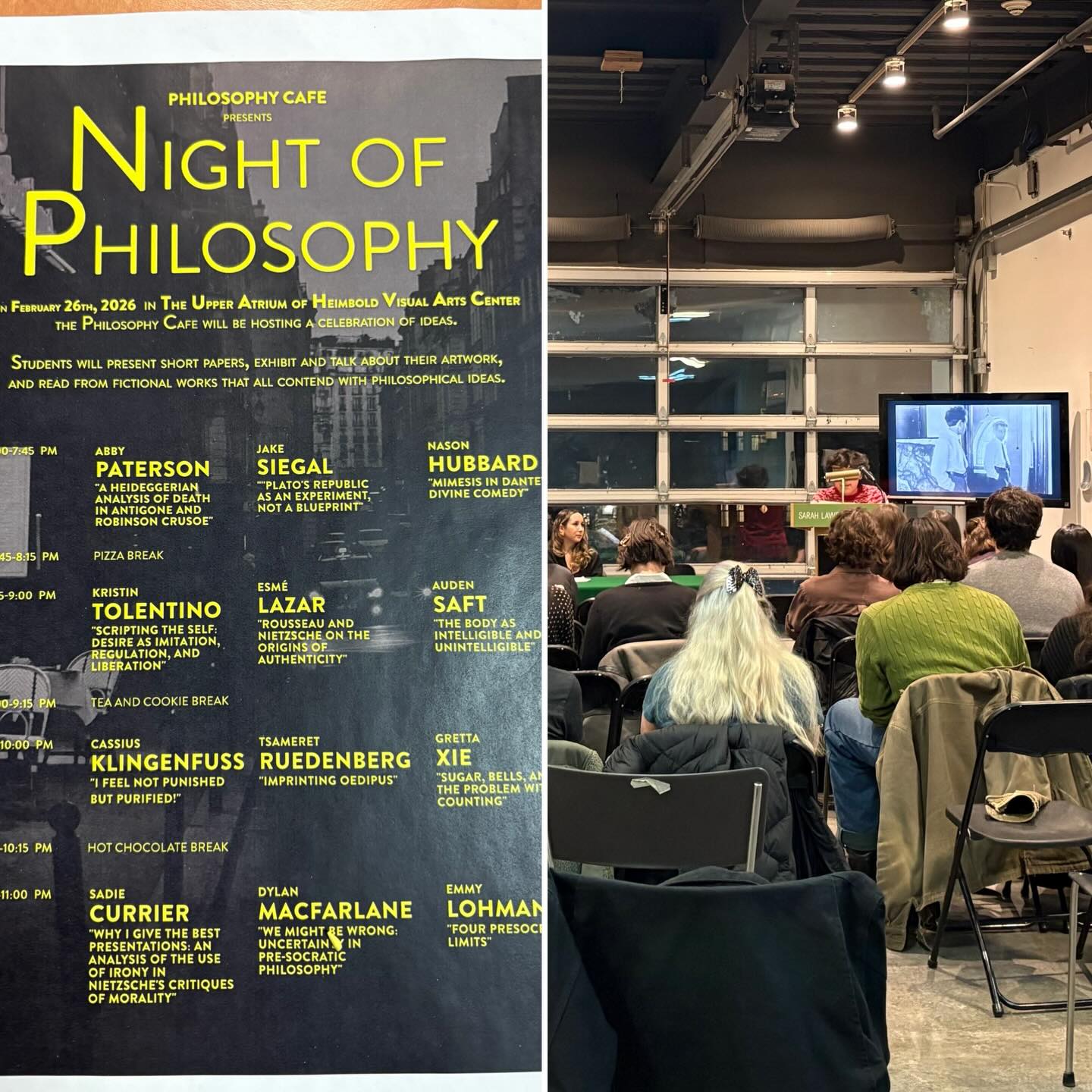 Poster for "Night of Philosophy" lists presentation schedule. Audience seated in a room watching a talk on a screen.