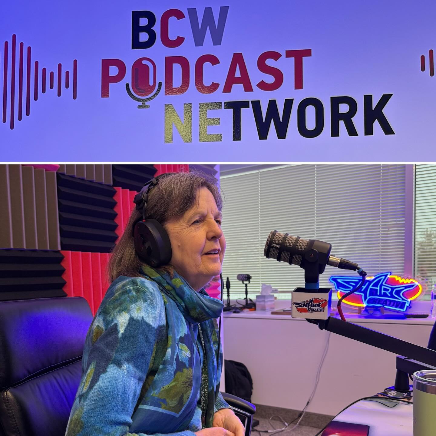 Person wearing headphones speaks into a microphone in a podcast studio with a neon star sign. Background shows "BCW Podcast Network" logo.