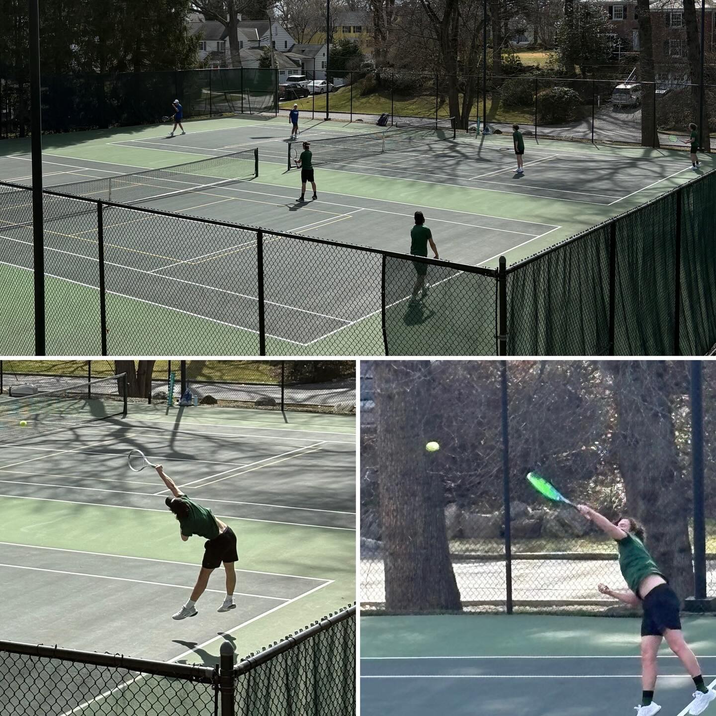 Various scenes of tennis players on green courts, including a doubles match and serves in action with trees in the background.