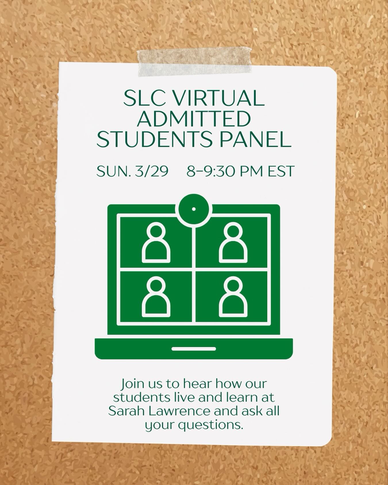 Flyer for SLC Virtual Admitted Students Panel on Sun. 3/29, 8-9:30 PM EST, with an illustration of a laptop and four user icons.