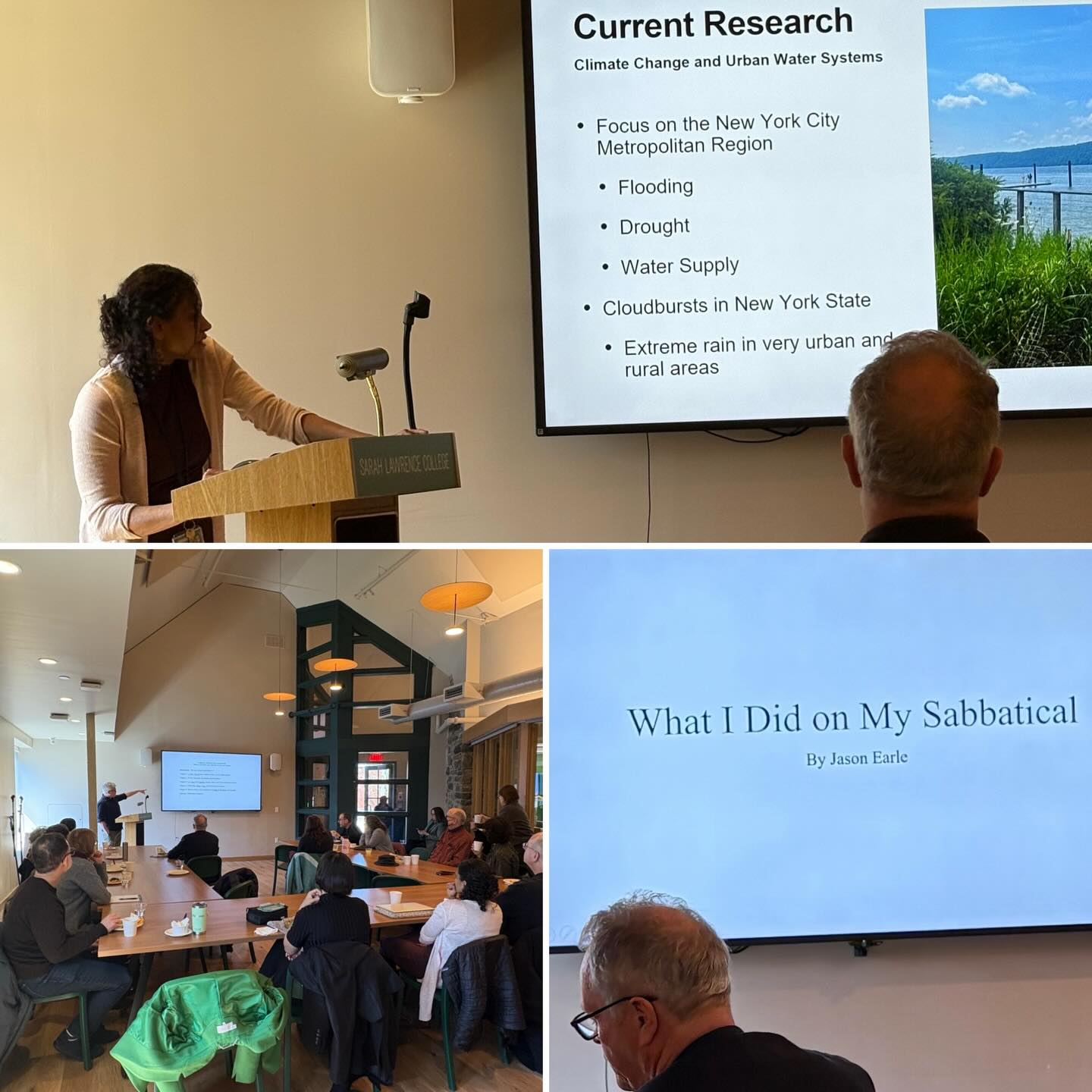 Presentation at Sarah Lawrence College on climate change in NYC, focusing on flooding and drought. Audience listens and takes notes.