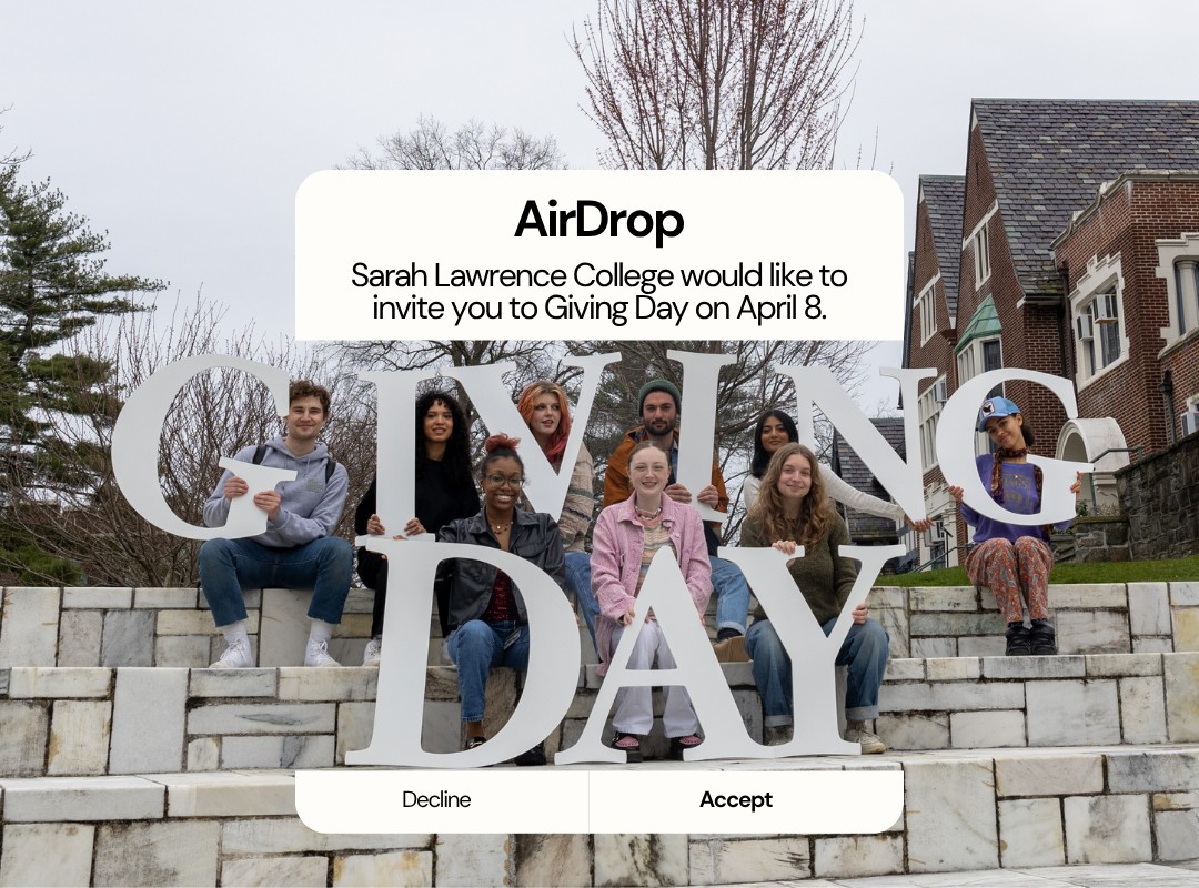 Group sitting on steps with large "GIVING DAY" letters. Airdrop invitation overlay for Sarah Lawrence College's Giving Day on April 8.