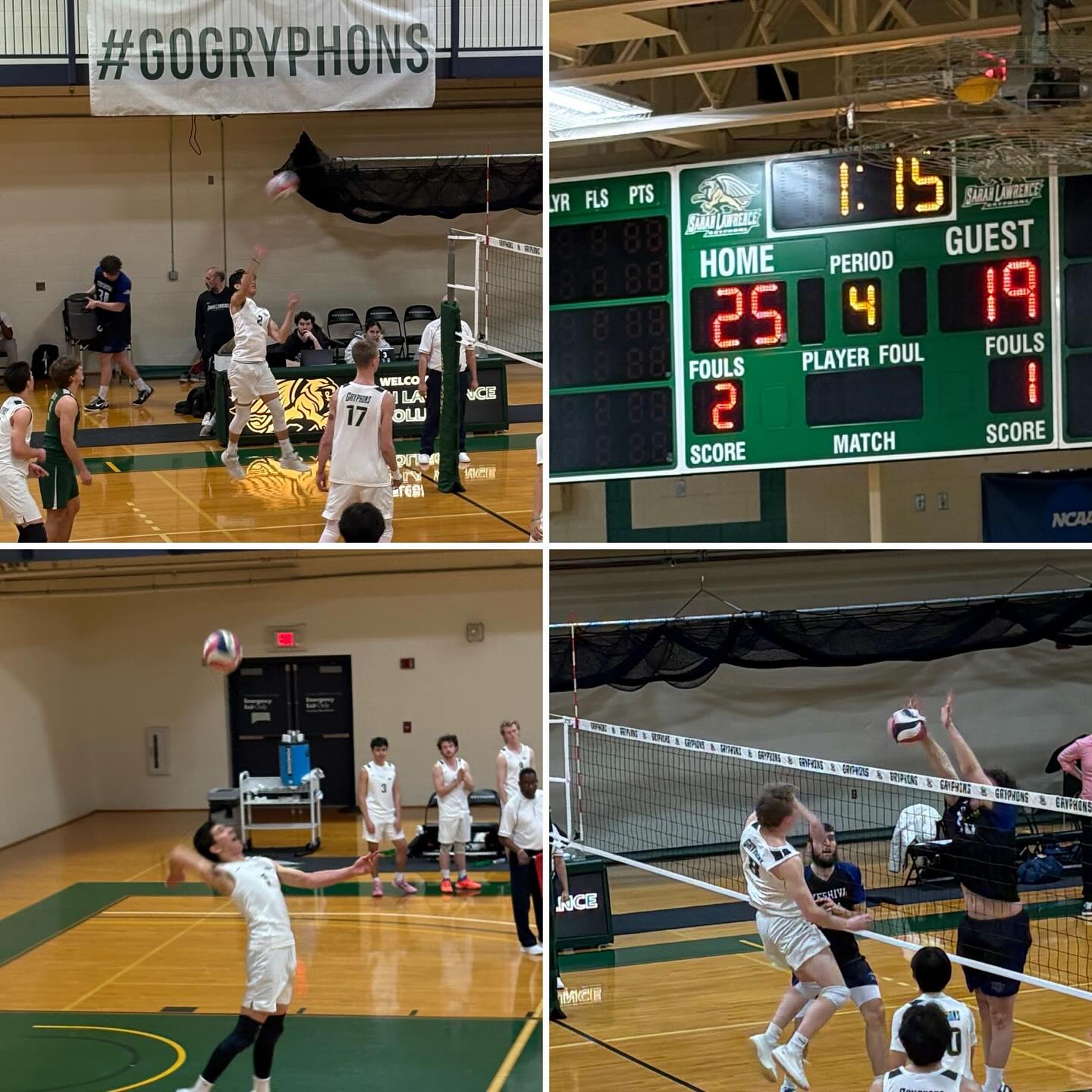 Volleyball game in progress, players in white uniforms, opposing team in dark uniforms, score shows home team leading 25-19 in the fourth period.