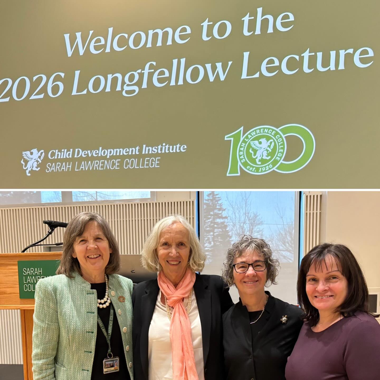 Four people smile in front of a podium at the 2026 Longfellow Lecture, Sarah Lawrence College, Child Development Institute backdrop.