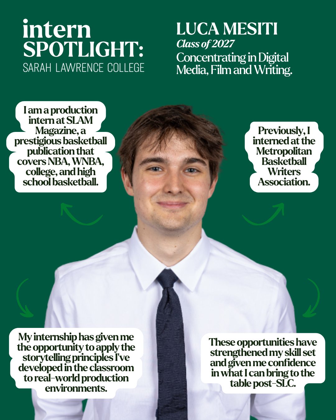 Person in formal attire with text detailing internship experiences in basketball media and aspirations in digital media, film, and writing.