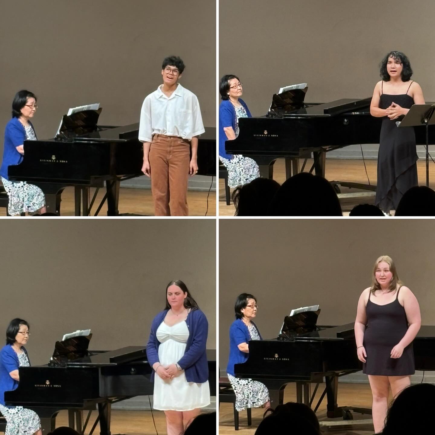 Four images of performers on stage next to a pianist at a grand piano. Each performer is dressed formally, standing beside the piano.