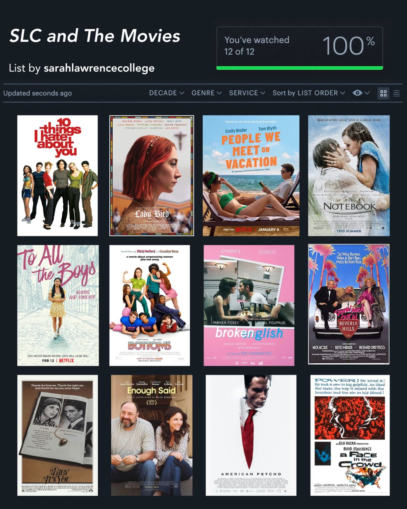 A grid of 12 movie posters from a list titled "SLC and The Movies." The list is 100% watched.