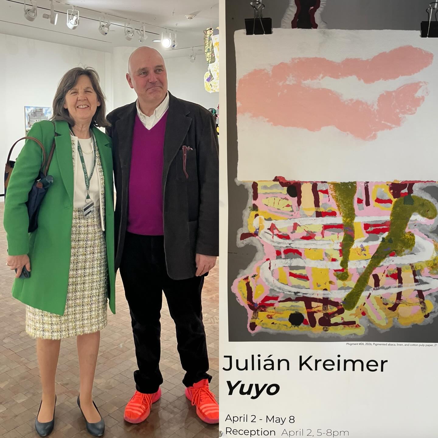 Two people standing in an art gallery, with abstract artwork and "Julián Kreimer: Yuyo" exhibition sign visible.