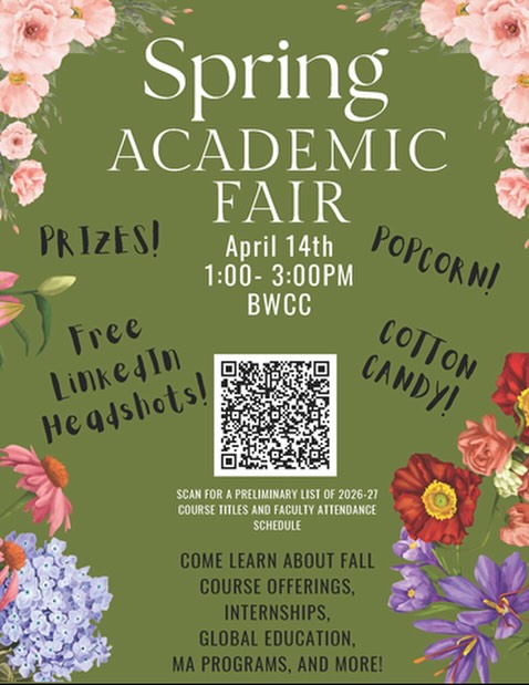 Spring Academic Fair flyer with floral border, announcing April 14 event at BWCC. Includes offers like prizes, cotton candy, popcorn, and LinkedIn headshots.