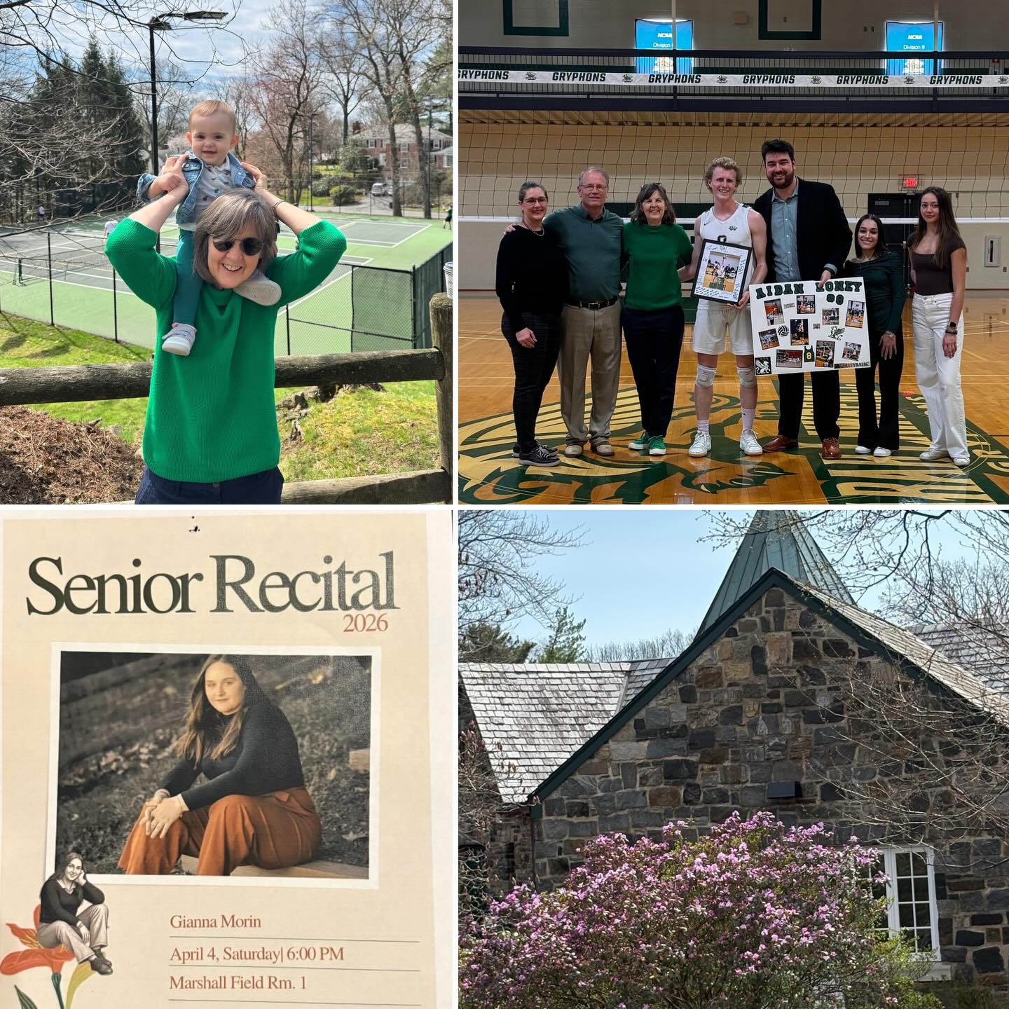 Four-image collage: Person with a baby on shoulders near tennis court; group on a volleyball court; senior recital poster; stone building with blooming tree.