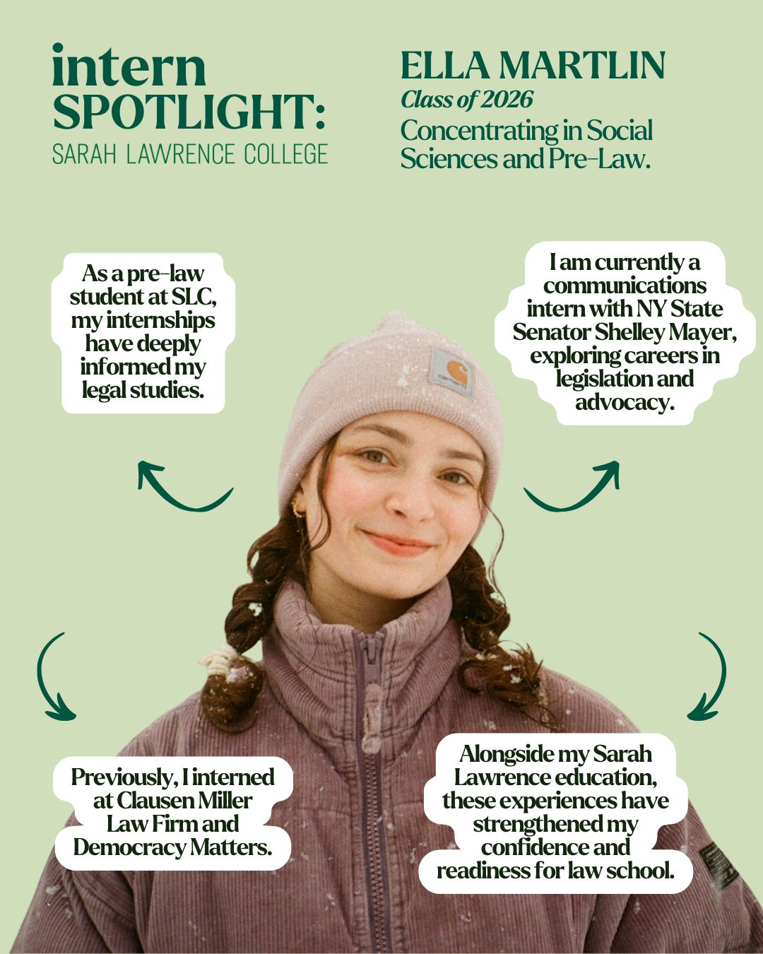 Person in a winter coat and beanie. Text highlights pre-law studies and internships in legislation and advocacy, enhancing career readiness.