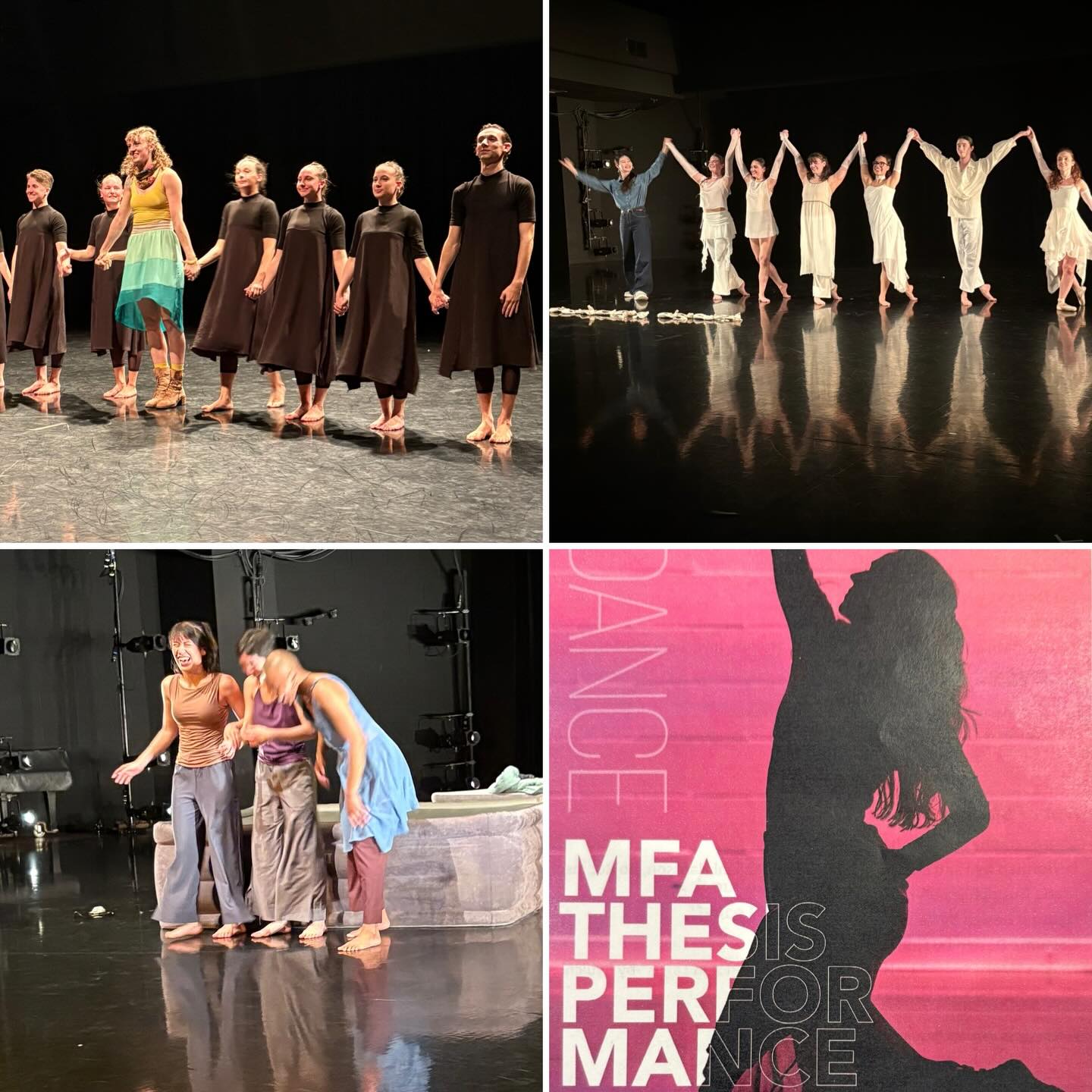 Dancers on stage in different costumes, holding hands and bowing. Poster with a silhouette and text about an MFA dance performance.