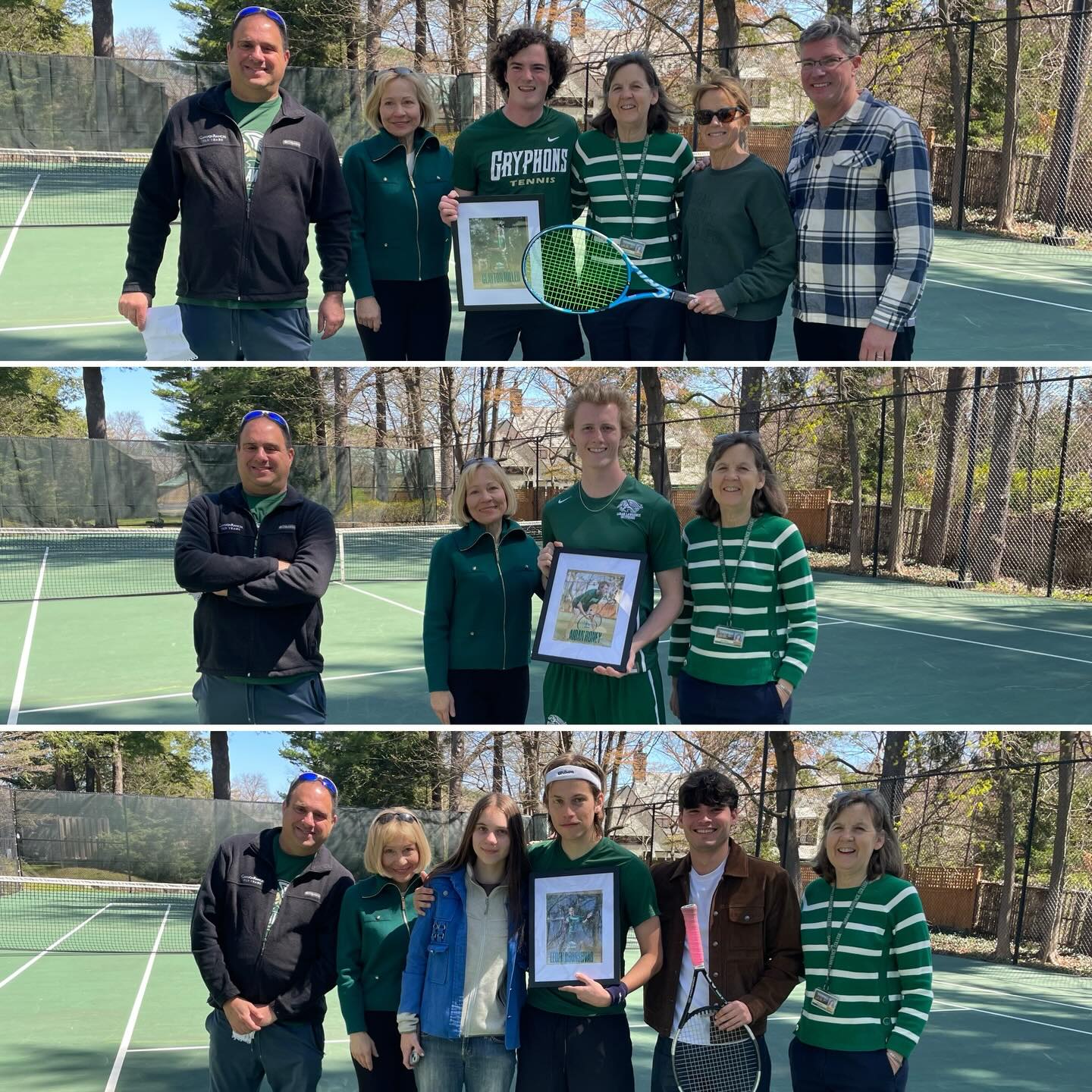 Three group photos on a tennis court. People hold framed pictures and tennis rackets, smiling and posing together.