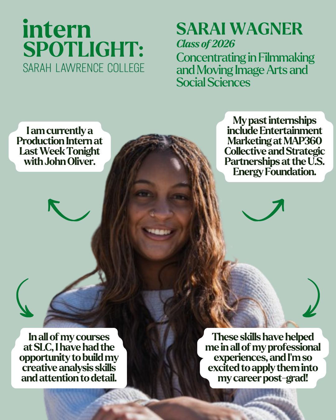 Student intern profile with text highlighting current internship, past experiences, and skills gained at Sarah Lawrence College.