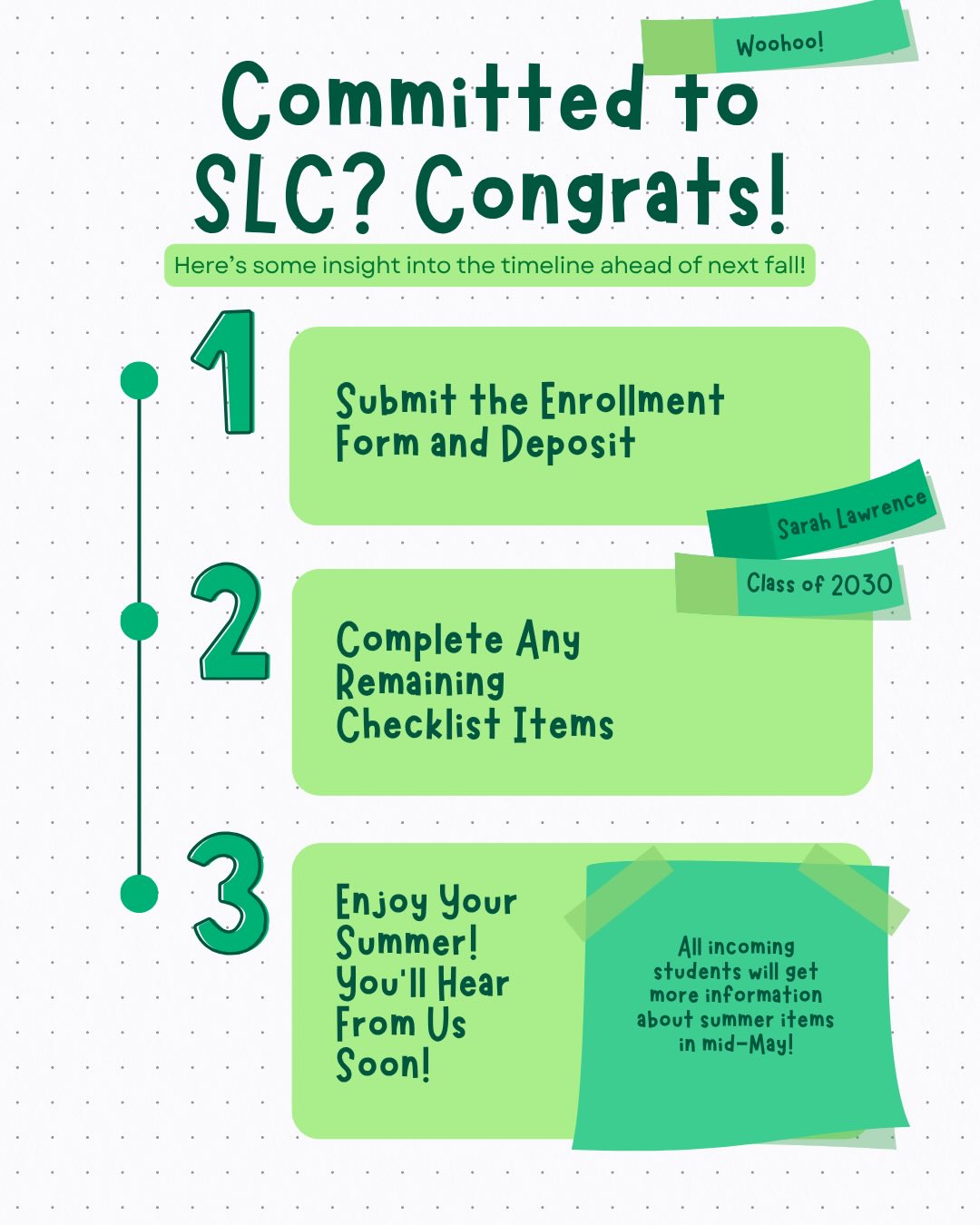 Announcement for new students at Sarah Lawrence College, Class of 2030, with a three-step checklist for enrollment and summer details.