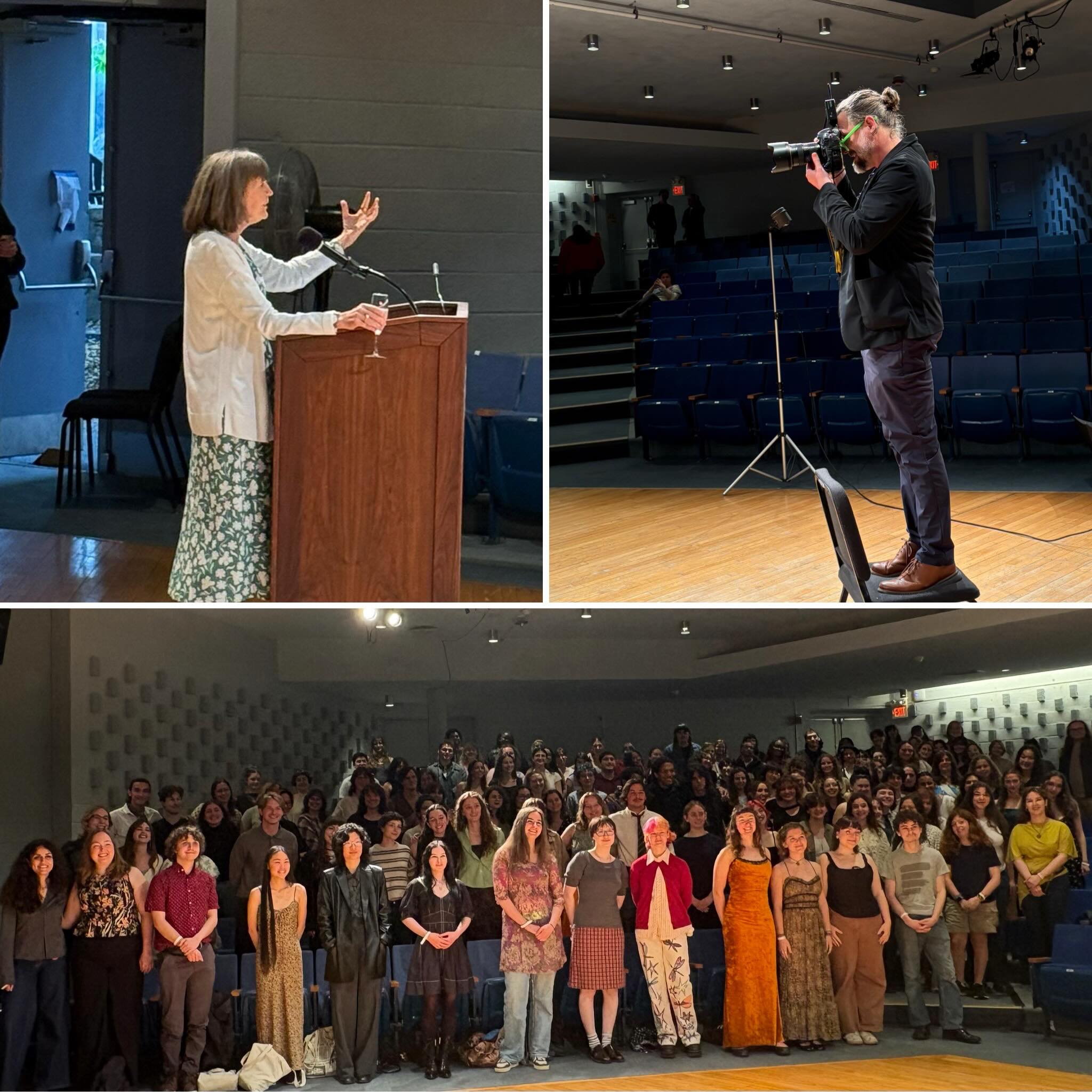Person speaking at a podium, photographer capturing an auditorium scene, large group posing in front of audience in a theater setting.