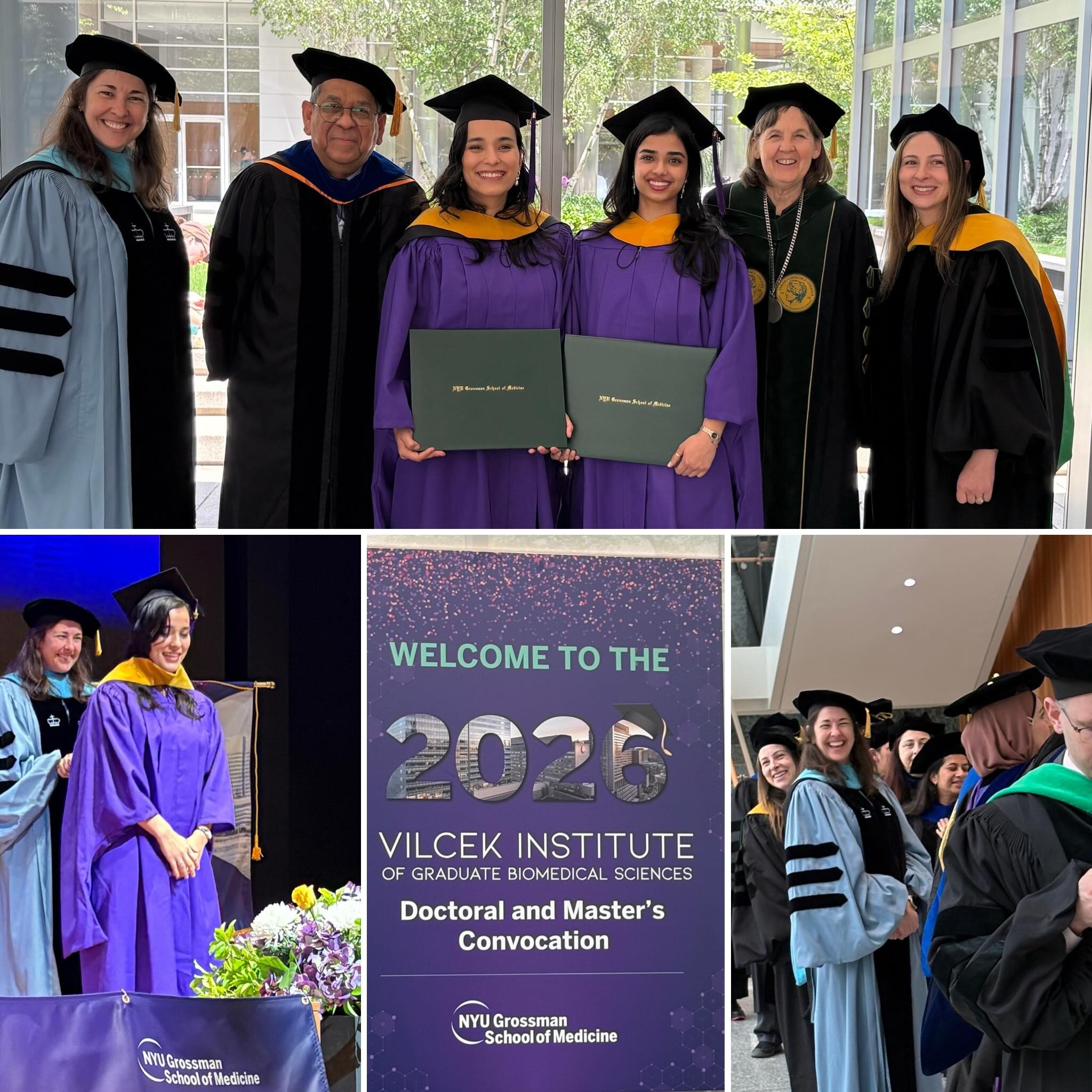 Graduates in purple robes with diplomas, faculty, and a convocation sign for the Vilcek Institute of Graduate Biomedical Sciences 2026.