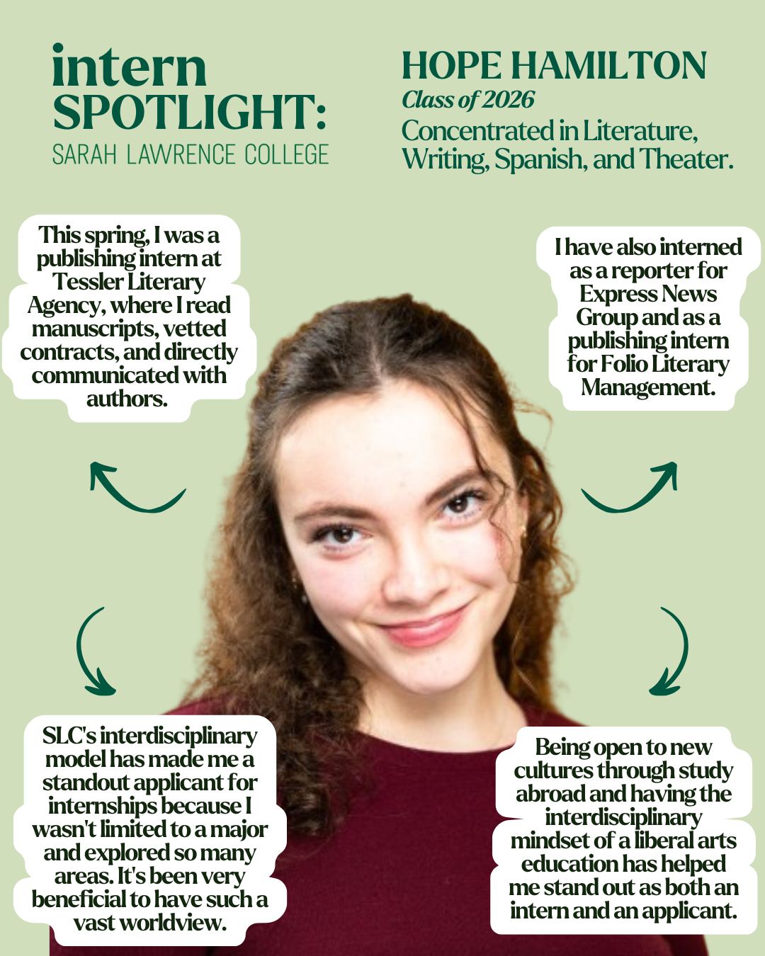 Individual with curly hair is featured in an internship spotlight. Quotes around the image praise interdisciplinary studies and various internship experiences.
