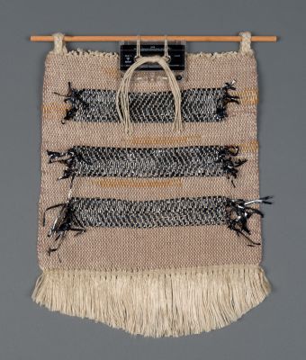 Untitled, linen, cassette tape and box, and handspun and hand-dyed yarn