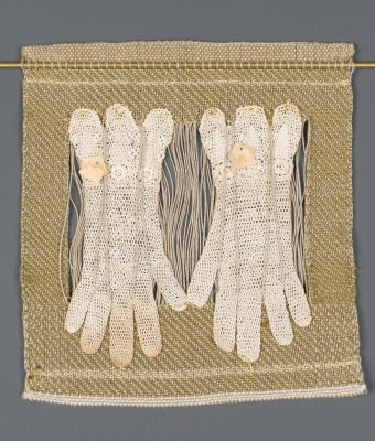 Untitled, linen, vintage lace gloves, metallic yarn