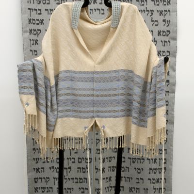 Installation view of “Text-Textile-Context,” handwoven prayer shawl and jacquard-woven text exhibited at X-L Gallery, Syracuse, NY, 2009