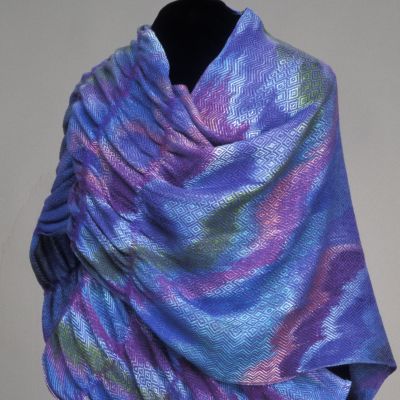 Tailored shawl, with painted warp, differential shrinkage of fibers, 2006