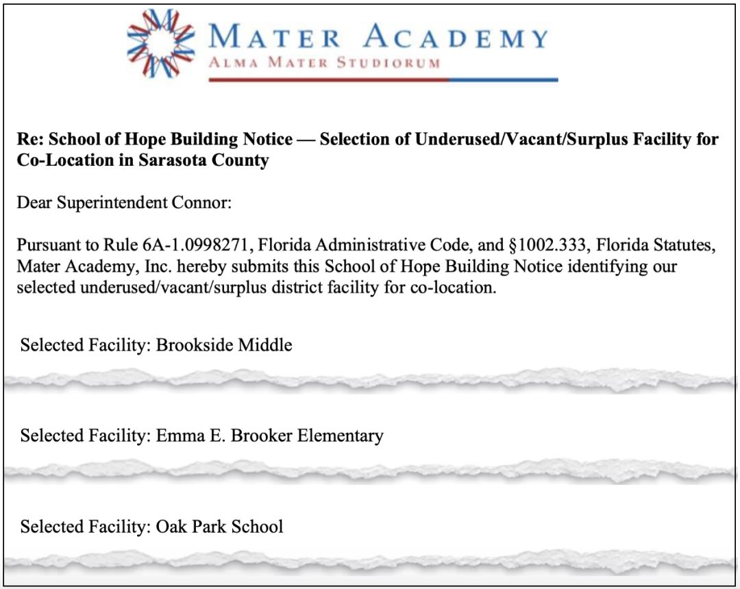 Mater Academy filed three notices to Sarasota County Schools seeking to occupy three schools.