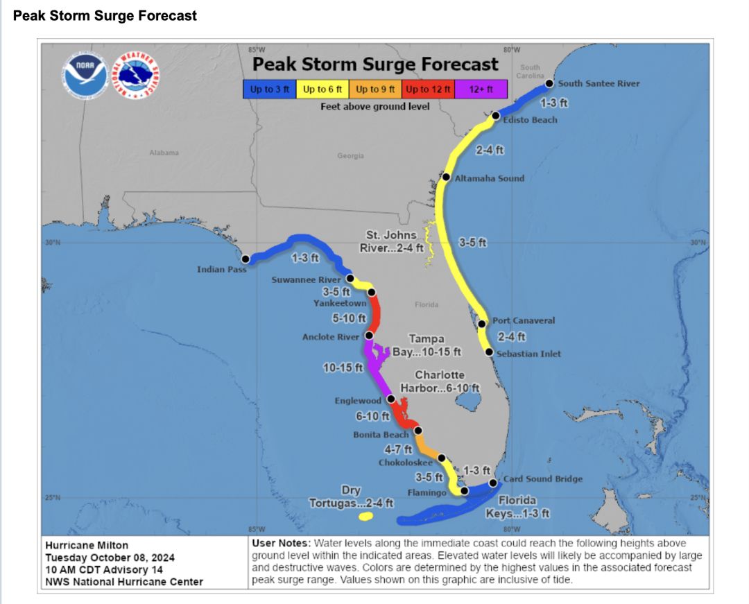 Peak storm surge forecast for Hurricane Milton on Oct. 8, 2024.