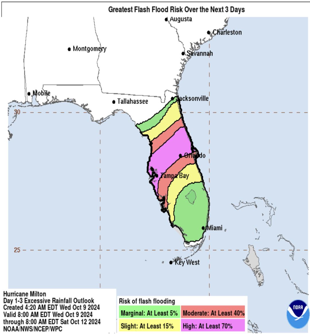 A map showing areas with the greatest flash food risk over the next three days.