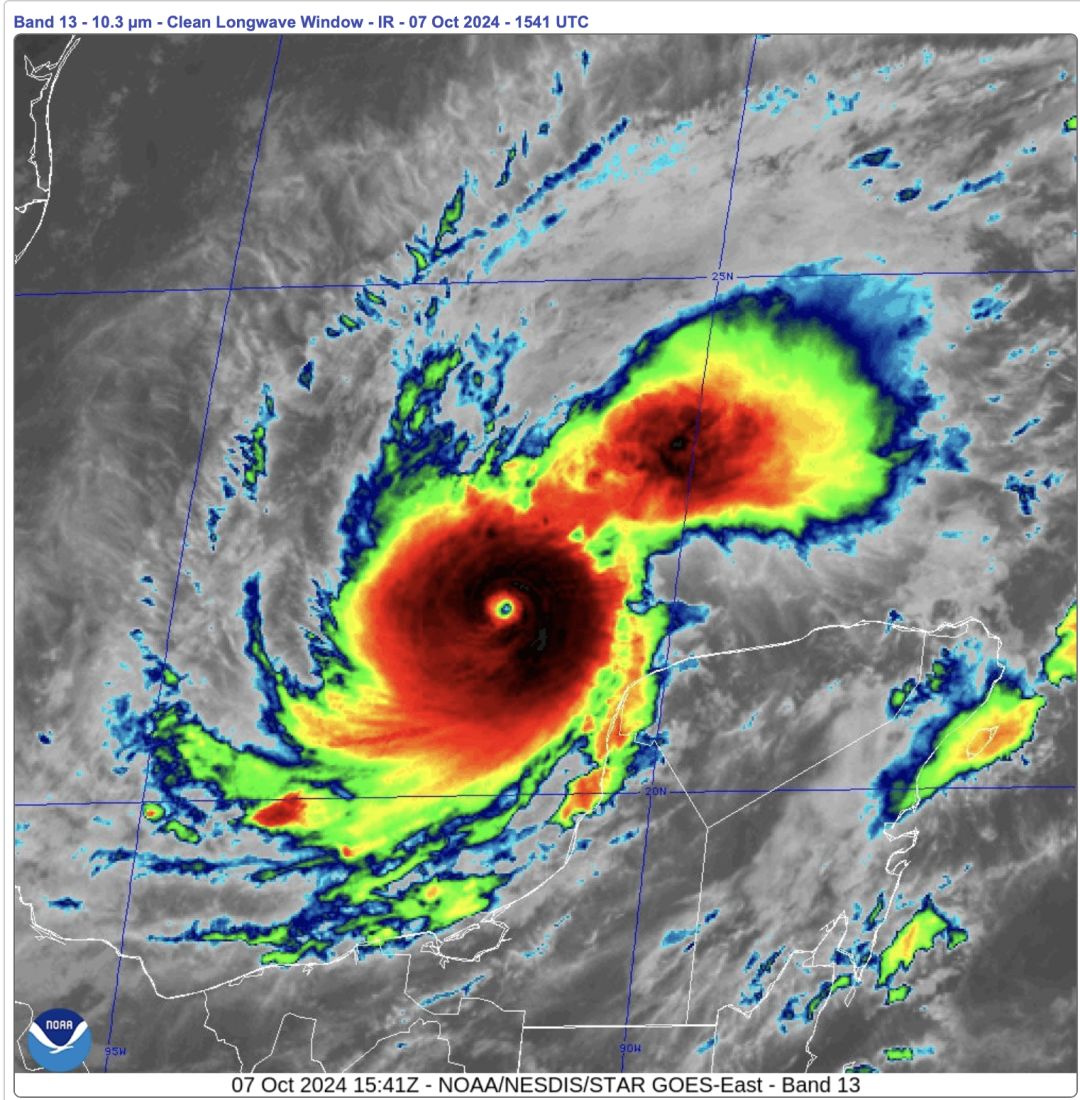 A large satellite image shows Milton's pinpoint eye and the symmetric, circular shape.