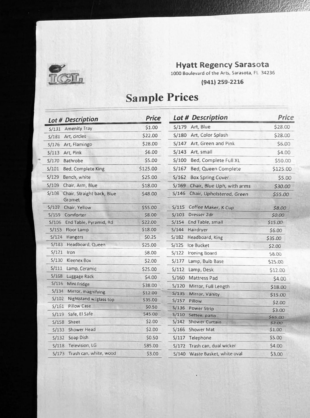 A list of pricing and items on sale at the Hyatt's liquidation sale.