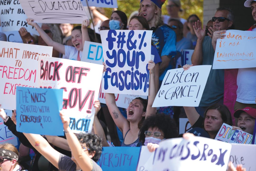 A protest outside a New College Board of Trustees meeting in February 2023. The school has become a site of intense political conflict since the overhaul of the board.