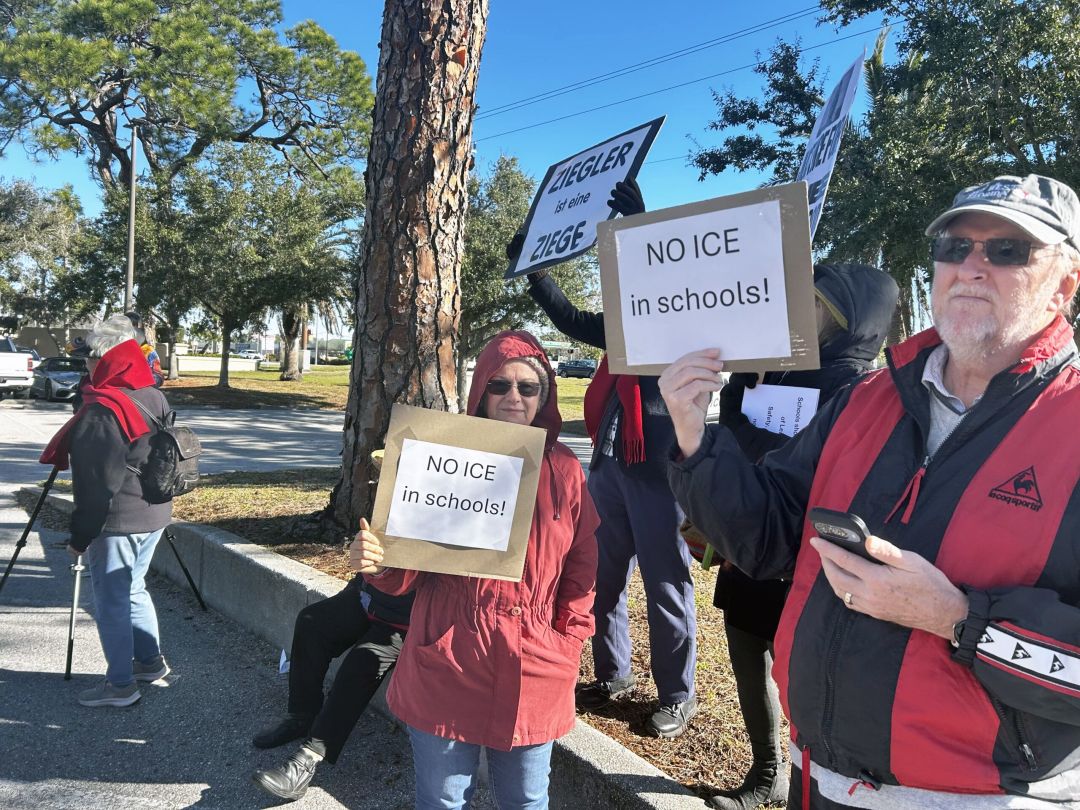 Gertrude and Thomas Mueller, who immigrated to the US from Hungary and Germany, protested the resolution on ICE in public schools.