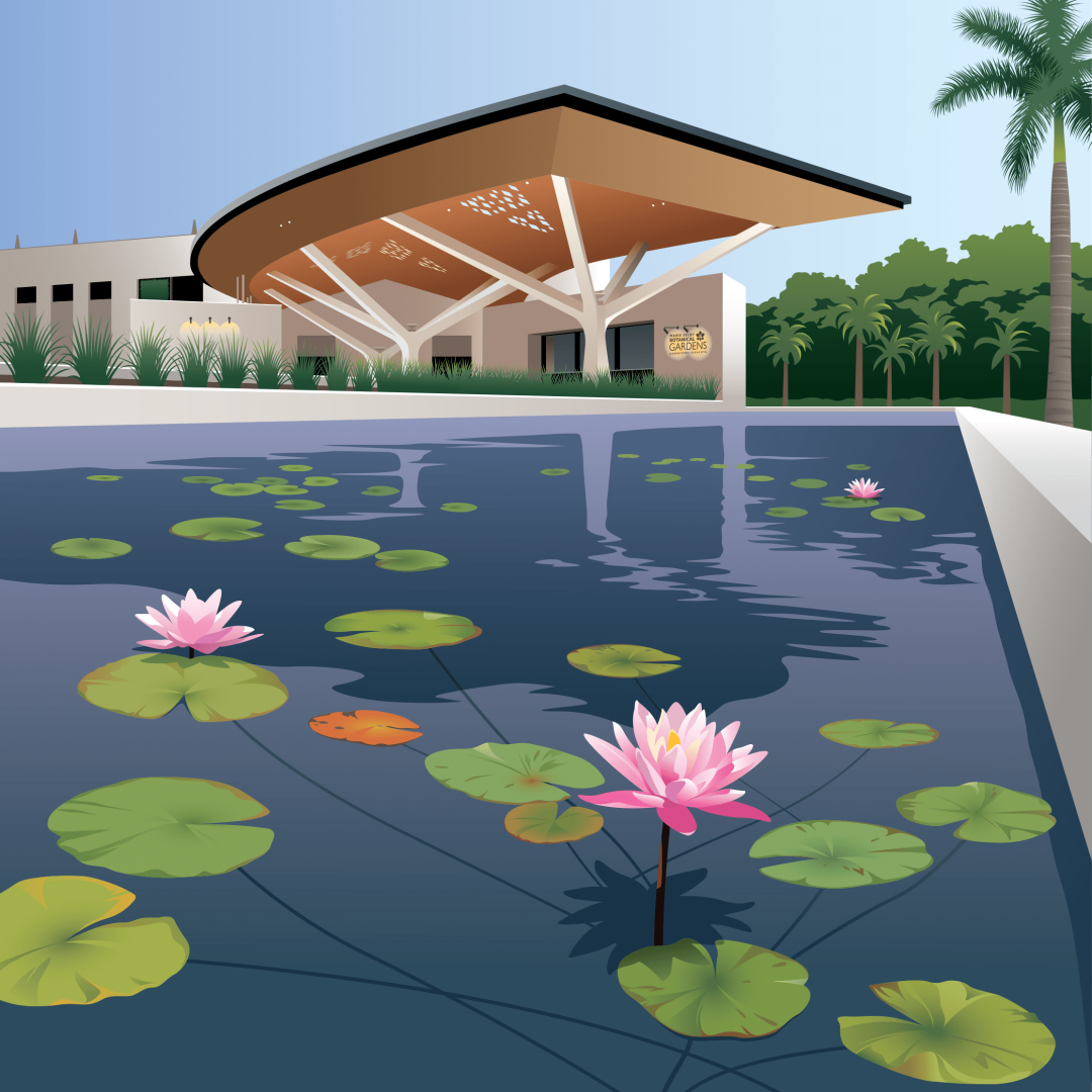 Selby Gardens' lily pond and welcome center.