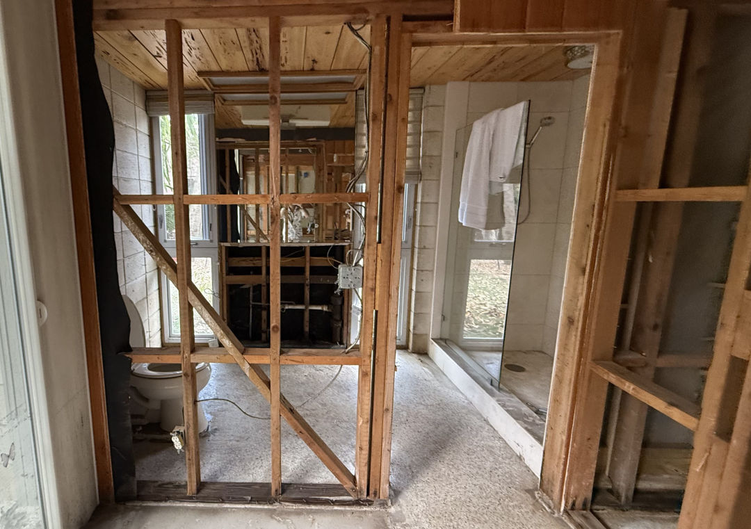 Exposed framing during flood remediation after the storms at Scott and Rauhofer's home.