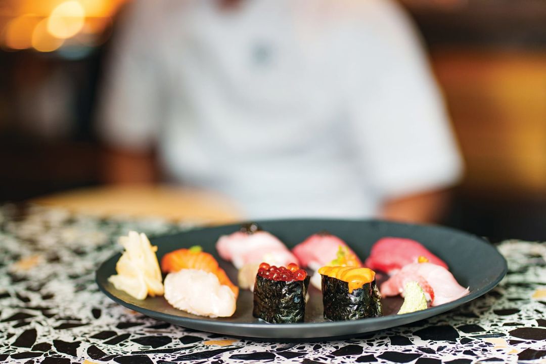 A selection of jewel-like sushi and sashimi.