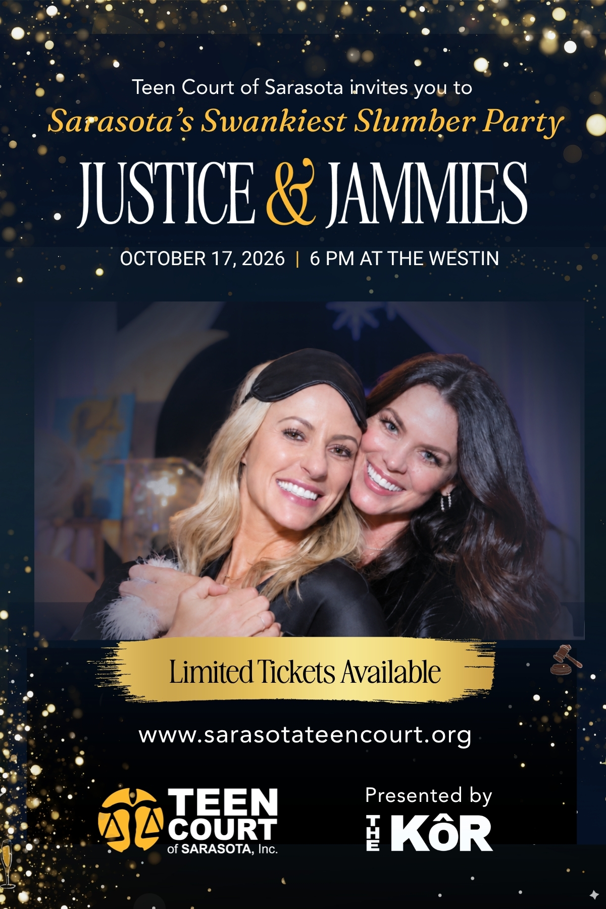 Justice & Jammies event graphic for Teen Court of Sarasota featuring guests in pajama glam. October 17, 2026 at 6 PM at The Westin Sarasota. Limited tickets are available.