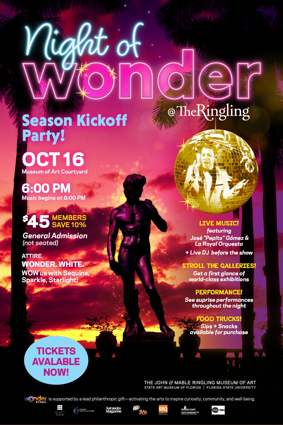 Promotional image for The Ringling's Night of Wonder: Season Kickoff Party on October 16, featuring live music and dancing under the stars in the Museum of Art Courtyard to celebrate the 2026–2027 season.