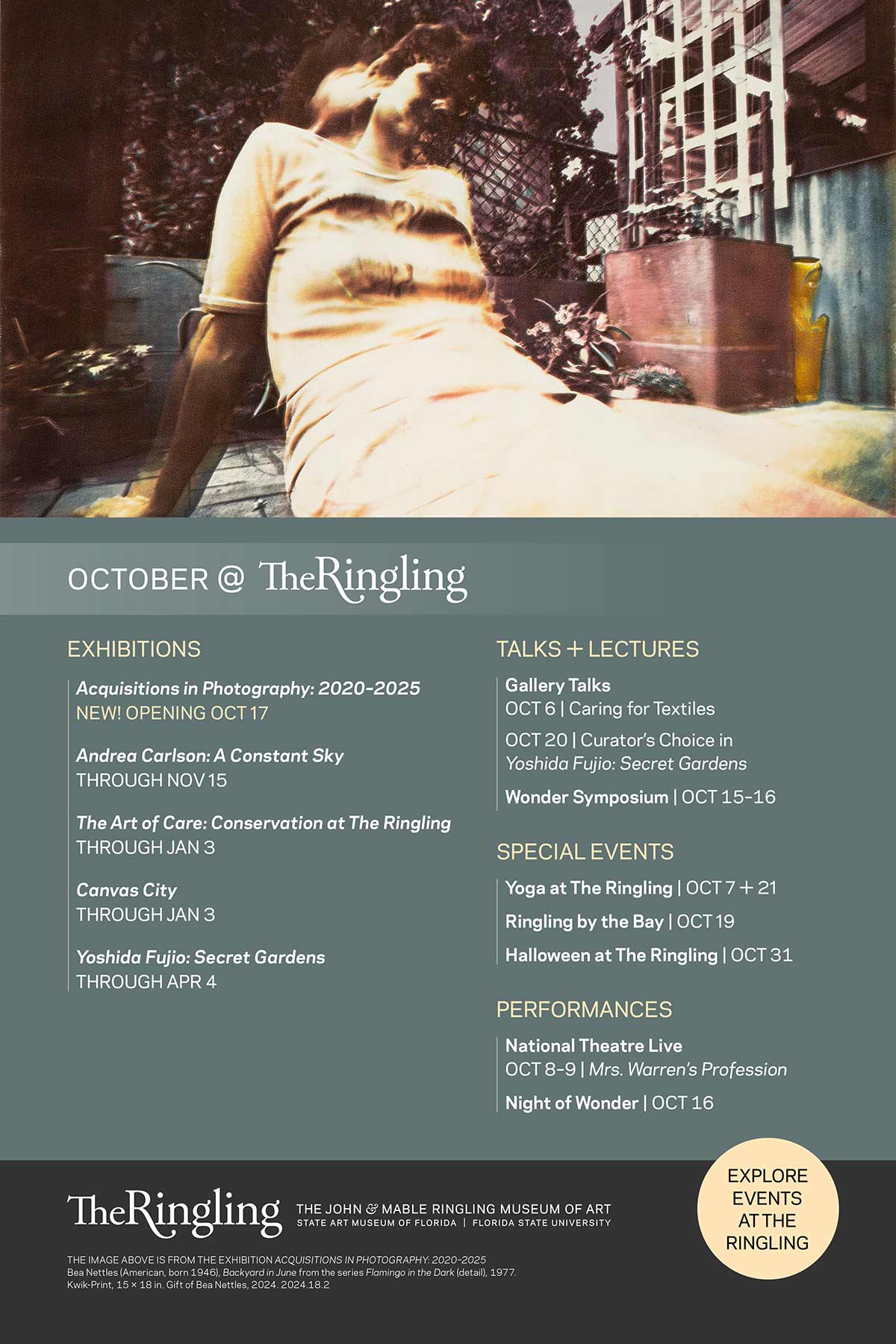 October at The Ringling calendar with a 1977 instant photo of a person reclining in a garden. Lists exhibitions incl. new Acquisitions in Photography (opens Oct 17), Lectures, yoga, Halloween, National Theatre Live and Night of Wonder. Explore events.