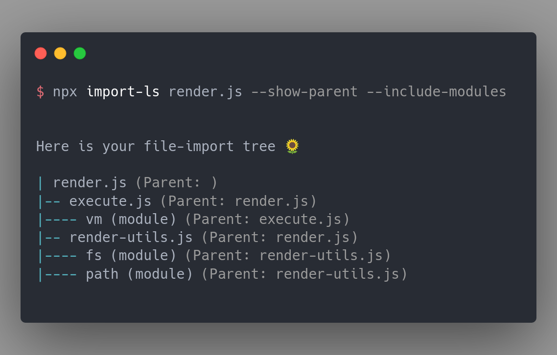 Cover image of import-ls that displays the tree it has built. The image shows npx import-ls render.js --show-parent command. Documentation for the same is given below