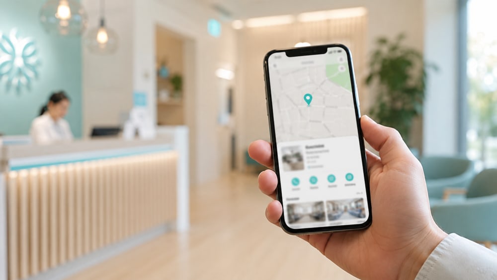 A smartphone showing a clinic's location and details on a maps app