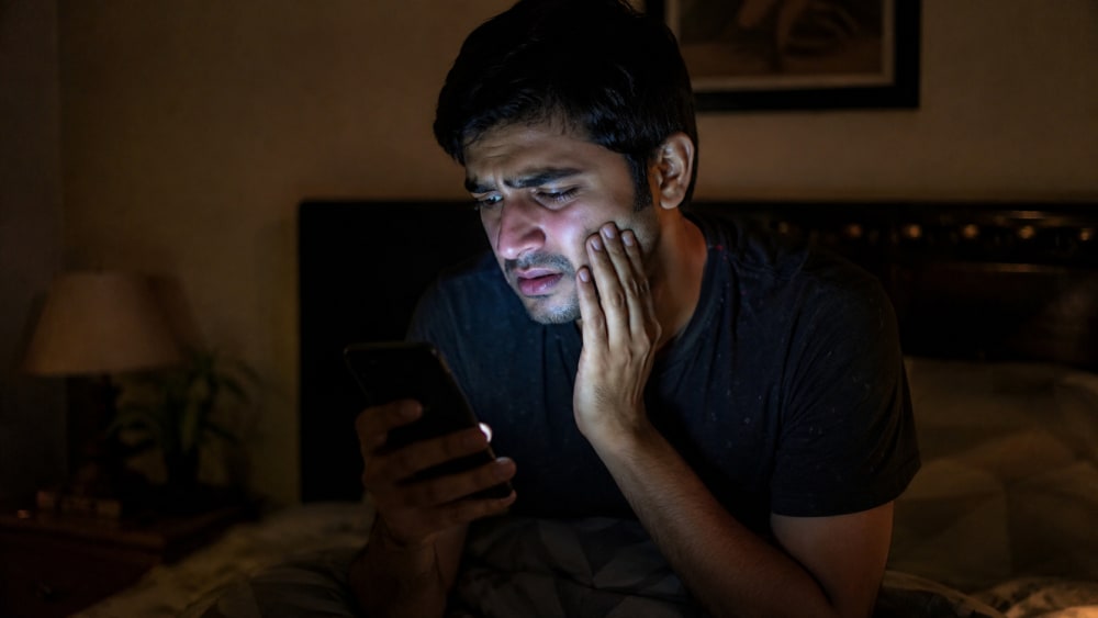 A young man searching for a doctor on his phone late at night